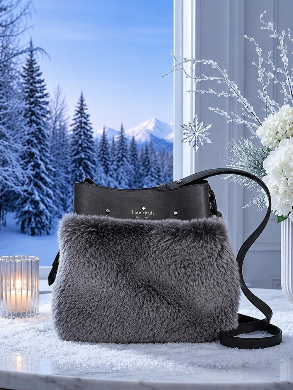 NWoT kate spade Gray Faux Fur and Leather Crossbody Bag